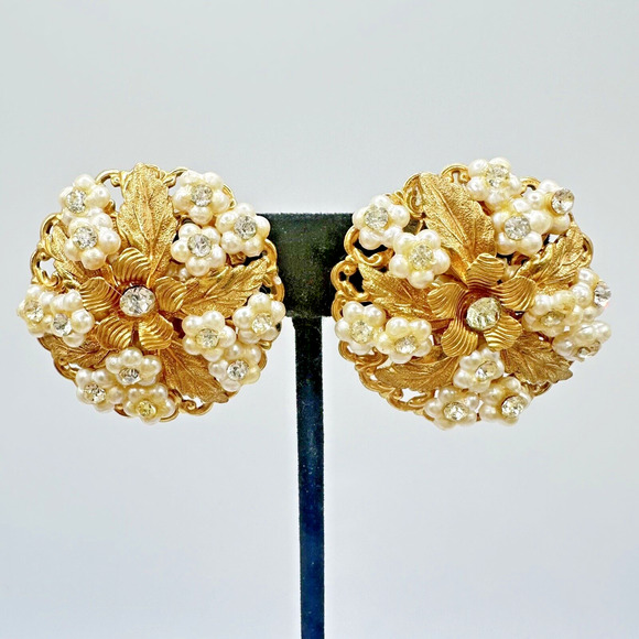 Leru Vintage Crystal Clip On Earrings Cluster Pearl Gold Chunky Signed 1950s - Picture 5 of 11